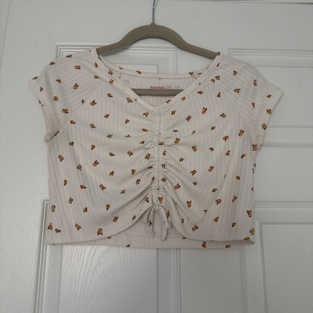 Kensie Cream Floral Drawstring Ruched Crop Top